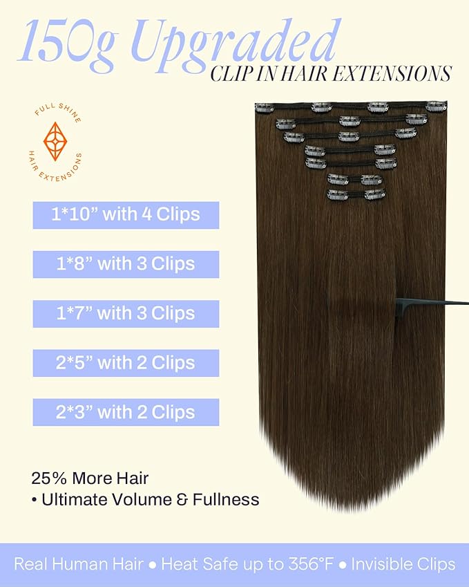 Full Shine 24 Inch Clip in Hair Extensions Human Hair Golden Brown Remy Hair Extensions Brunette Human Hair Clip in Extensions for Women Extra Volume 7 pcs