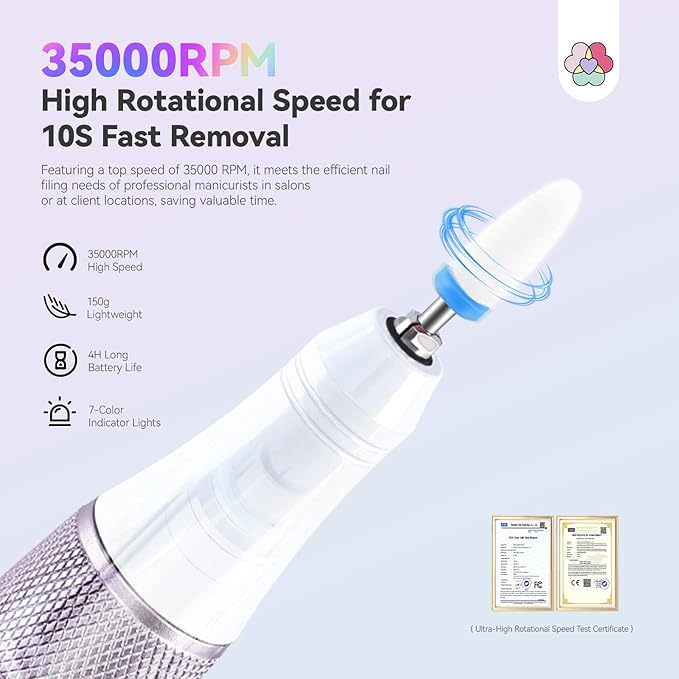 SAVILAND Advanced Cordless Electric Nail Drill: 10S Fast Removal 35000 RPM High Speed Nail File Kit for Acrylic Nail Tool Professional Rainbow Light LED Display Pro Manicure Kit Salon Travel Nail Tech