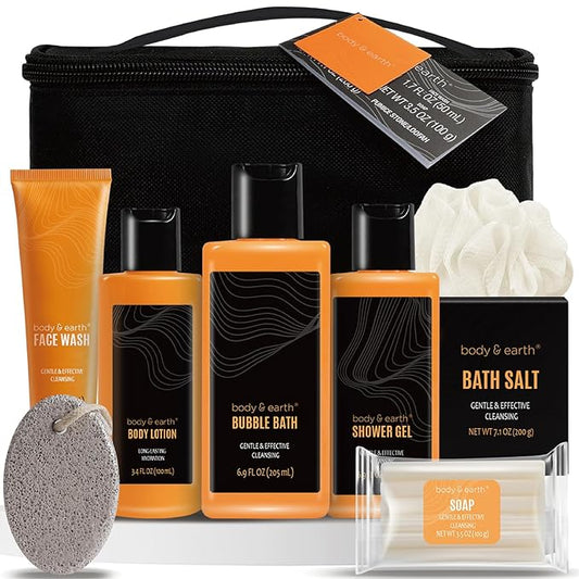 Body & Earth Gift Baskets for Men Bath Set Citrus Scented Bath and Body Gift Set with Body Lotion, Face Wash, Shower Gel, Bubble Bath, Loofah, Birthday Fathers Day Gifts