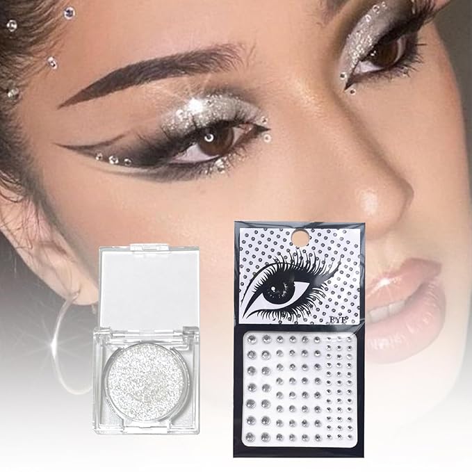 Silver Glitter Eyeshadow & 3Pcs Face Gems Stick on Set, Shimmer Cream Eye Shadow & Hair Jewels Face Rhinestones, Single Eyeshadow Palette & Body Gems Diamonds for Eye Makeup