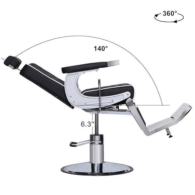 BarberPub Heavy Duty Metal Vintage Barber Chair All Purpose Hydraulic Recline Salon Beauty Spa Shampoo Equipment 3825 (Black with White Stitches)
