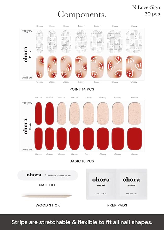 ohora Semi Cured Gel Nail Strips (N Love-Sign) - Red, Patterned, Works with Any UV/LED Lamps, Salon-Quality, Long Lasting, Easy to Apply & Remove - Includes 2 Prep Pads, Nail File & Wooden Stick
