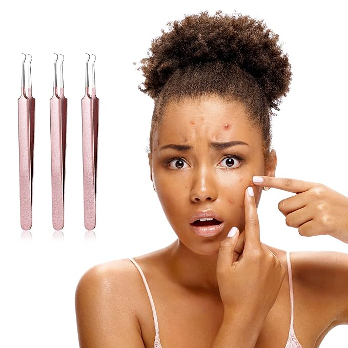 Honoson 3 Pcs Blackhead Tweezer Stainless Steel Pimple Tweezers Extractor Tool for Remove Zit Whitehead Pimple Bend Curved Tweezer Skin Blackhead Remover Tools(Champagne Purple)