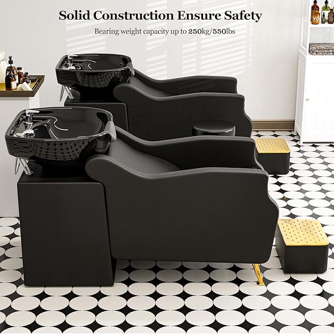 Paddie Shampoo Chair and Bowl Set of 2 for Salon, Backwash Shampoo Station Sink with Ceramic Bowl and Foot Stool, Barbershop Spa Equipment
