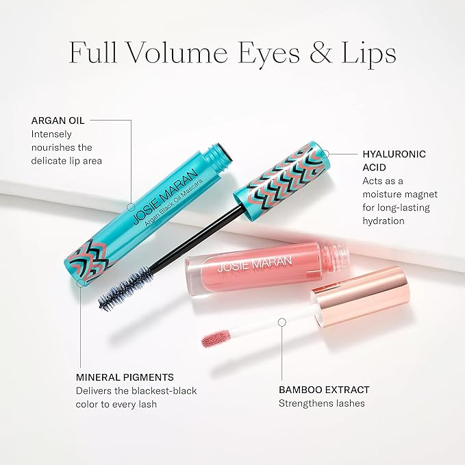 Josie Maran Eye Love Lip Gloss & Mascara Gift Set - Lip Plumper Infused with Argan Oil, Hyaluronic Acid for Sheer, Radiant Color & Lengthening Black Mascara - Vegan Makeup (2 Count)
