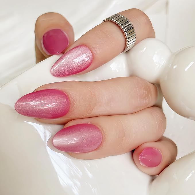 30PCS Short Almond Press-On Nails – Rose Cat Eye Fake Nails in 15 Sizes, Soft Back Edge & Strong Tips, No Measuring Needed, Reusable Stick-On Nail Tips for All Occasions