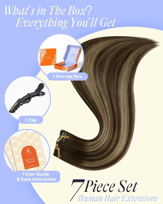 Full Shine Human Hair Clip in Extensions Brown Hair Extensions Clip ins 18 Inch 135 G Medium Brown Balayage Honey Blonde Invisible Hair Extensions for Women 7 Pcs