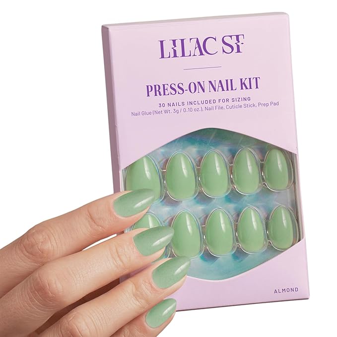 Lilac St - Press on Nails, Eden (30 Nails, 15 Sizes) - Short, Almond, Glossy, Opaque - Brush-On Nail Glue, Nail File, Cuticle Stick, Prep Pad - Cruelty Free, Vegan, Women Founded