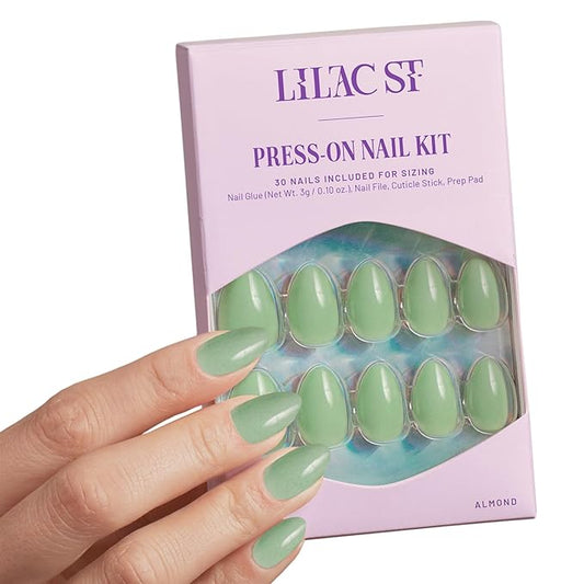 Lilac St - Press on Nails, Eden (30 Nails, 15 Sizes) - Short, Almond, Glossy, Opaque - Brush-On Nail Glue, Nail File, Cuticle Stick, Prep Pad - Cruelty Free, Vegan, Women Founded