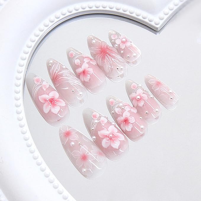24Pcs Ice Flower Lines Gradient Press on Nails Medium Almond Fake Nails Pearl False Nails Glossy Full Cover Artificial Glue on Nails Pink Floral Stick on Nail Cute Fingernails Manicure for Women