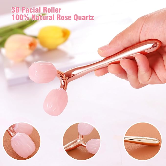 Gua Sha Facial Tools, Jade Roller for Face Skin Care Lymphatic Drainage, Pumpkin-Shaped Rose Quartz Head, Guasha Massager for Anti-Aging & Skin Tightening, Reduce Wrinkles & Puffiness