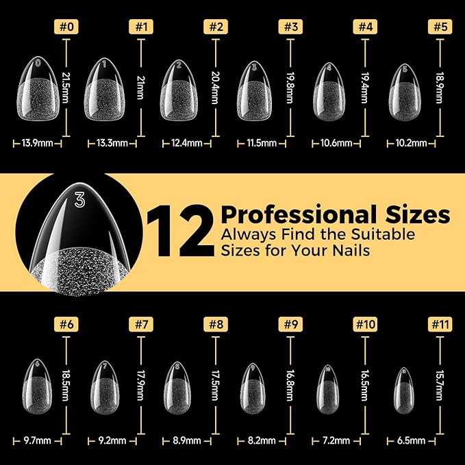 UNA GELLA Short Almond Gel Nail Tips, 600 Pcs Pre-Filed Short Nail Tips Almond Shape Half Matte Press On Nails 12 Sizes Full Cover Clear Fake Nails for Extension Home DIY Salon with Box