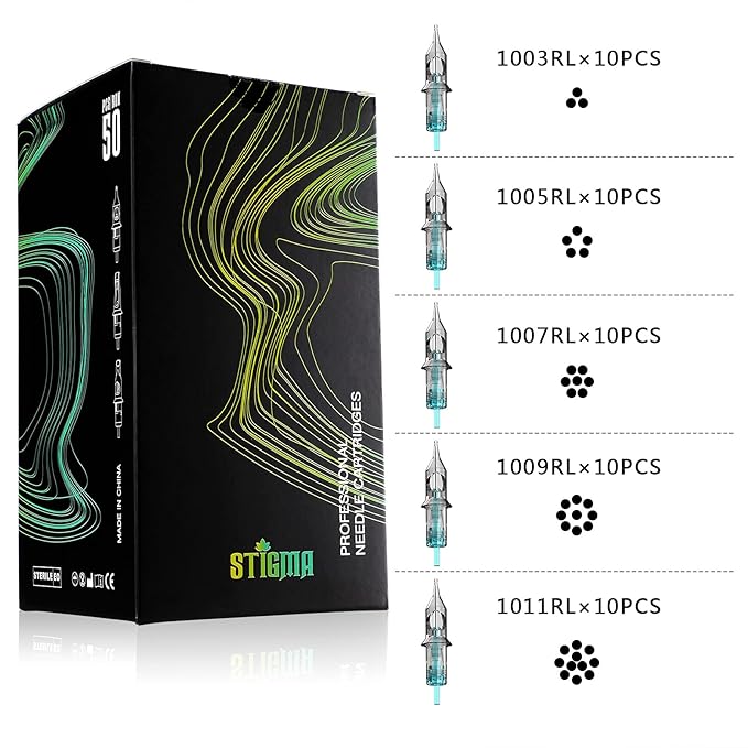 STIGMA Aquamarine Knight Bugpin Tattoo Cartridges Assorted 50pcs of Round Liner #10 0.3mm RL(1003RL 1005RL 1007RL 1009RL 1011RL) Disposable Tattoo Cartridge Needles EN02B-50KIT-R