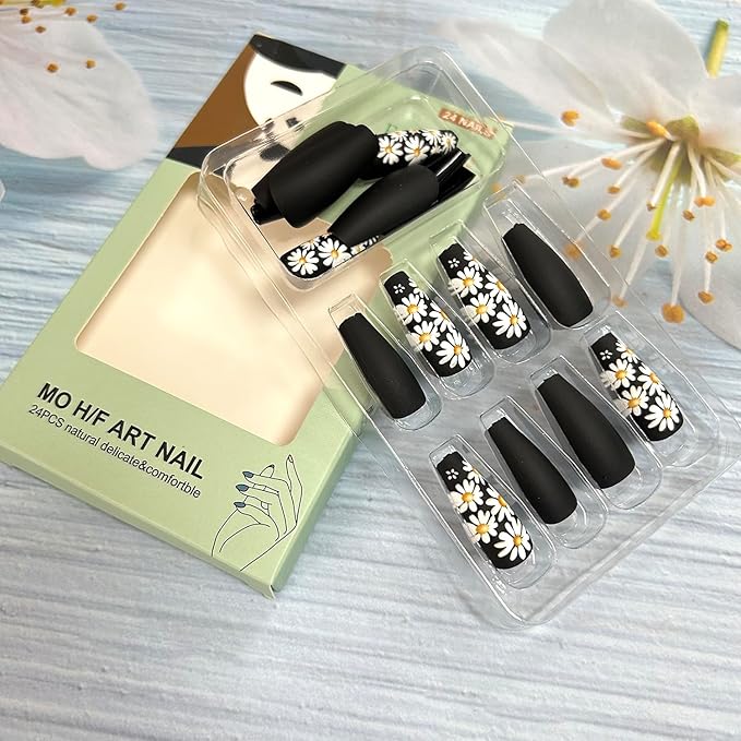 White Daisy Press on Nails Long Ballet Shaped Dark Blue Acrylic False Nail Full Cover Glossy Flower Stick on Nail Daisy Floral Pattern Design Artificial Fingernails 24Pcs DIY Glue on Nails for Women