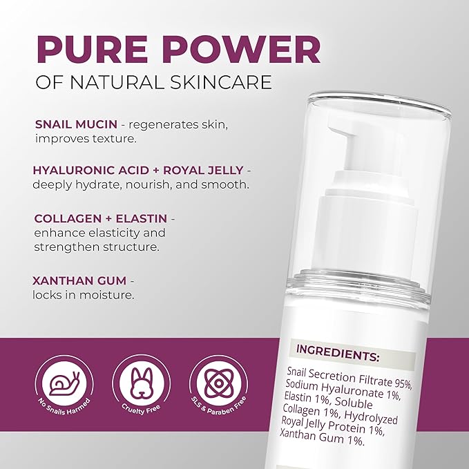 Snail Mucin Serum - Face Hydrating Essence - Hyaluronic, Collagen, Royal Jelly - Advanced 95% Snail Peptide Moisturizer, Barrier Serum - 100 ml