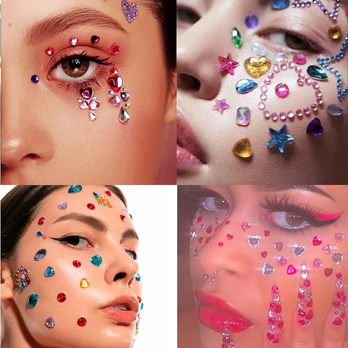 10 Sheets Face Gems Jewels for Makeup Heart Rhinestones Stickers Self Adhesive Assorted Shapes Rhinestones for Christmas Crafts, Eye Body Gems Nail Art Festival Party Rave Accessories for Women