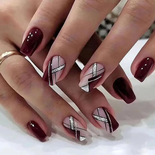 Press on Nails Medium Square Fake Nails Acrylic Nails Press ons Glossy Glue on Nails Fall False Nails with Glitter Line Designs Red Brown Full Cover Artificial Stick on Nails for Women 24Pcs