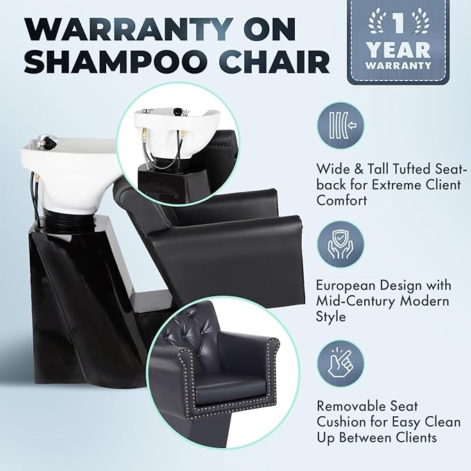 Buy-Rite Chelsea Backwash Station - Black Tufted Chair, White Tilting Porcelain Sink, Nailhead Trim, Removable Cushion, Faucet, Hose & Vacuum Breaker, NIN-9902BW