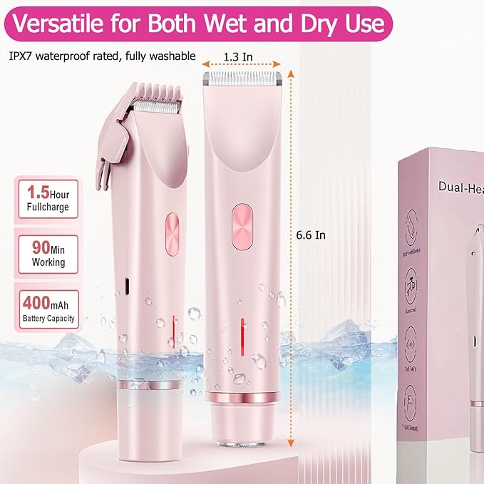 Bikini Trimmer for Women, Waterproof Bikini Shaver with Dual Head Design, Cordless Rechargeable Shaver for Women Private Area, Gentle Wet & Dry Hair Removal for Bikini Line & Underarms