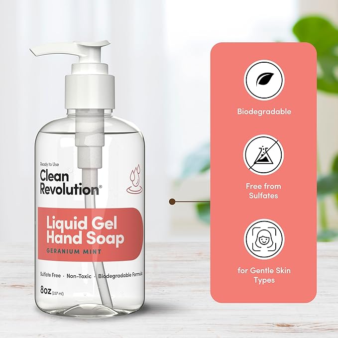 Clean Revolution Liquid Gel Hand Soap, Silky Rich Liquid, Quick Lather, Fast Rinsing, Contains Real Essential Oils (Geranium Mint) 8 Fl Oz