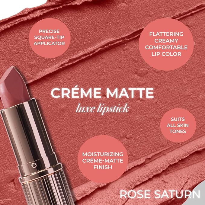 MCoBeauty - Crème Matte Luxe Lipstick - Long-Lasting Hydrating Soft Matte Lipstick with Square-Tip Bullet - Rose Saturn, Peach Coral Shade - 3.5g - Lip Makeup