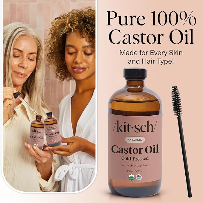 Kitsch Organic Castor Oil for Hair Growth - 100% Pure Castor Oil, Organic Cold Pressed Unrefined Glass Bottle for Face, Skin, Lashes, Brows, Scalp, Nails & Belly Button - Hexane Free, USDA - 16 oz