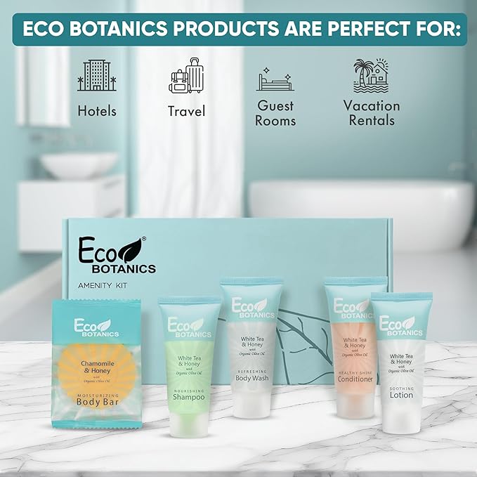 Eco Botanics Amenity Kit | Hotel Bulk Toiletries | 0.85 oz Shampoo, Conditioner, Lotion, Body Wash, Body Bar Soap for Guest Hospitality Vacation Rentals| 1 Set/Case