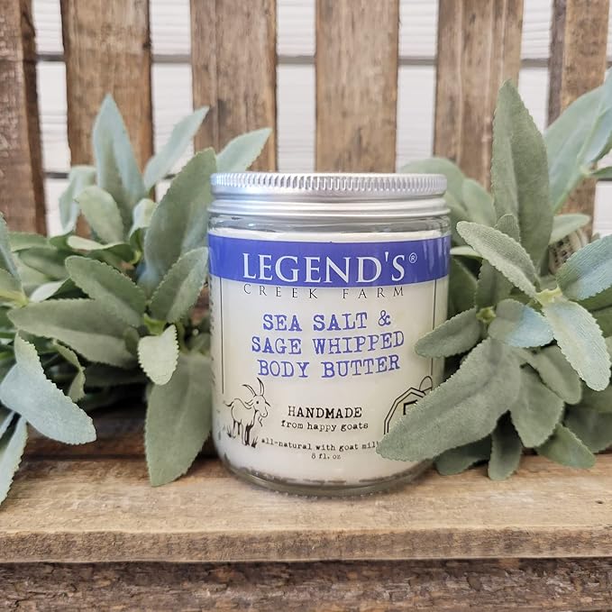 Legend's Creek Farm, Goat Milk Body Butter - Hydrating Natural Body Moisturizer with Organic Shea Butter & Grape Seed Oil - 8 Oz Purifying & Toning Whipped Body Butter (Sea Salt & Sage)