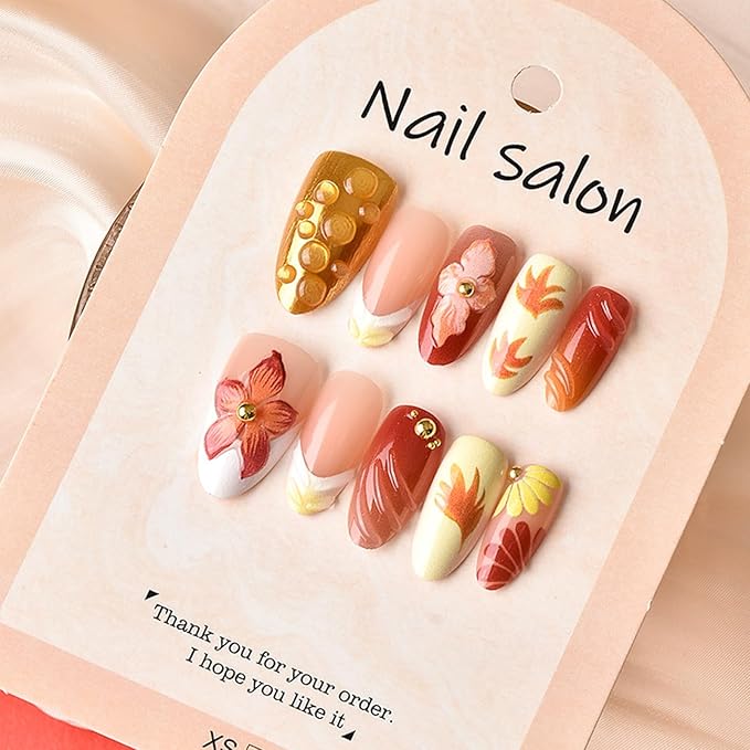 30Pcs Handmade Press on Nails with 3D Flower Stripes Design Fall Maple Leaf Fake Nails Medium Almond French Nails Thanksgiving False Nail Gold Beads Artificial Nail Manicure Kit for Women