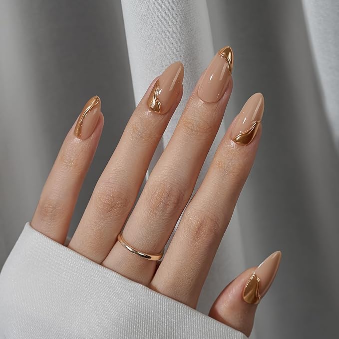 BTArtbox Press On Nails Almond - Medium Glue On Nails with 3D Sculpting Metallic Design, Supremely Fit & Glossy Fake Nails in 15 Sizes, Amber