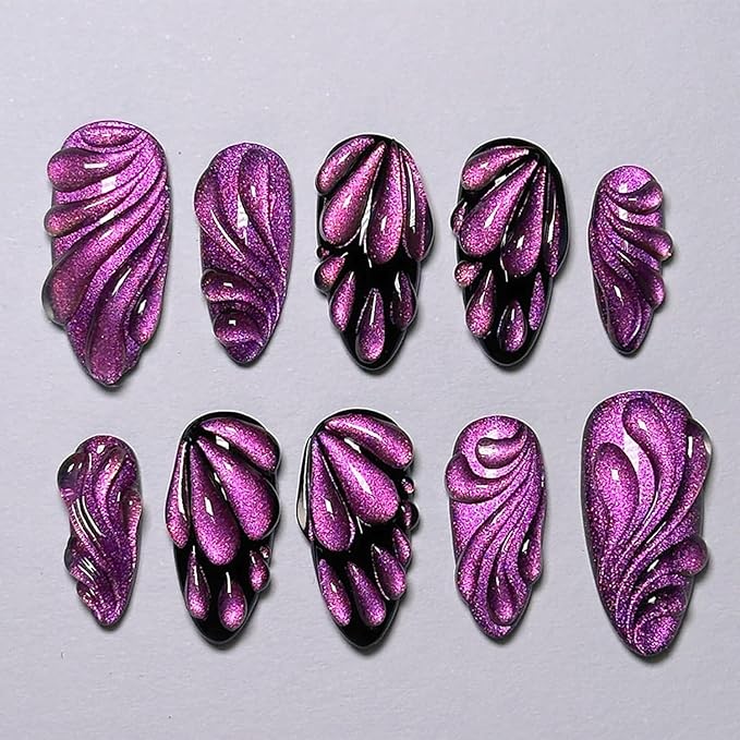 24Pcs Purple Press on Nails Medium Almond Fake Nails with 3D Butterfly Wings Water Drop Designs Stick on Nails Glitter False Nails Full Cover Cool Acrylic Nails Black Purple Glue on Nails for Women