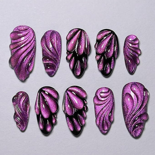 24Pcs Purple Press on Nails Medium Almond Fake Nails with 3D Butterfly Wings Water Drop Designs Stick on Nails Glitter False Nails Full Cover Cool Acrylic Nails Black Purple Glue on Nails for Women