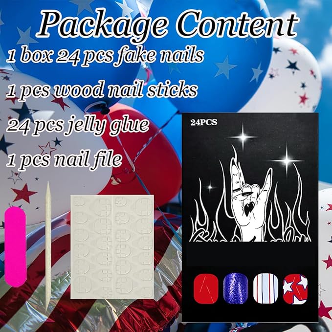 24Pcs Independence Day Press on Nails Short Fake Nails Star Full Cover Glue on Nails Patriotic False Nails Red Blue Stripes Square Artificial Stick on Nails for Women DIY 4th of July Acrylic Nails