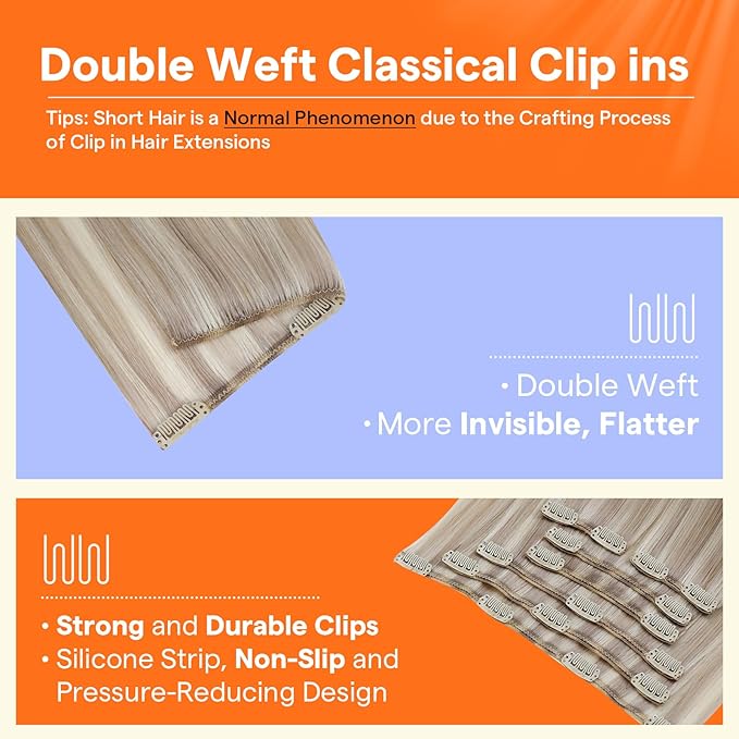 Full Shine Ash Blonde Clip in Hair Extensions 14 Inch Highlights Ash Blonde Hair Extensions for Short Thinning Hair 7 Pcs 120 G