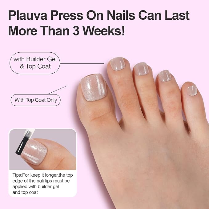 150Pcs Cat Eye Toe Nail Tips, Plauva Toe Press on Nails, 5 Colors Glossy Glitter Cat Eye Fake Nails, Soft Gel Stick On Nails for Women and Girls 15 Sizes