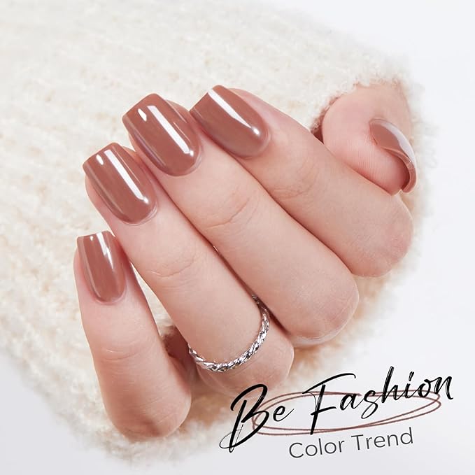 Modelones Brown Press on Nails, Christmas Short Square Fake Nails, Chrome Reusable Nail Kit with Nail Glue Adhesive Tabs Mini Nail File, Nails Press Ons 32Pcs 16Sizes