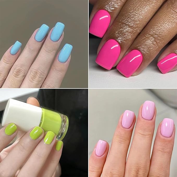 4 Packs 96Pcs Square Press on Nails Short Solid Fake Nails Glossy Shiny Acrylic False Nails Full Cover, Glue Stick On Nails for Women's Manicure