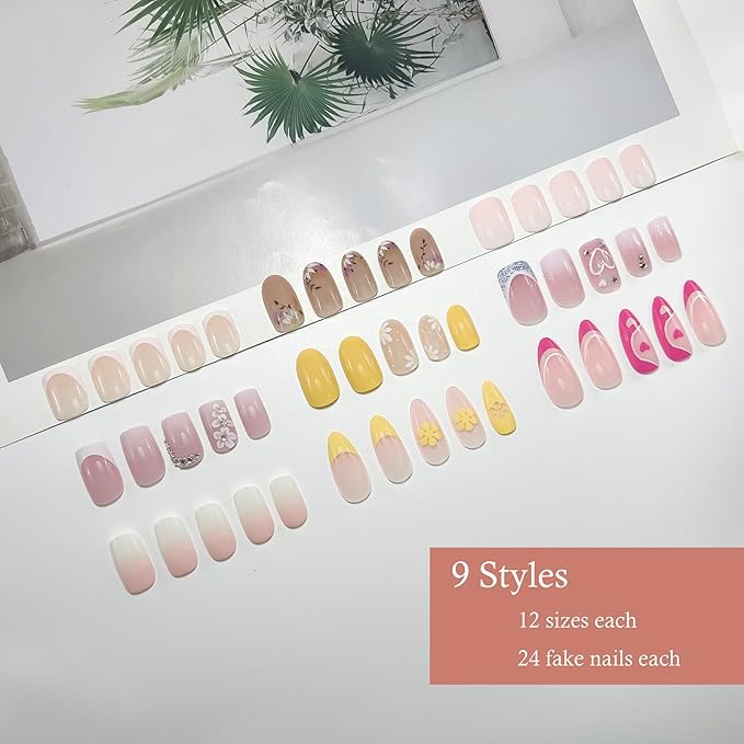 9 Packs (216 Pcs) Press-on Nails - Pink Gradient, Short French Tip, Almond, Glue-on Nails - 12 Sizes, 9 Styles