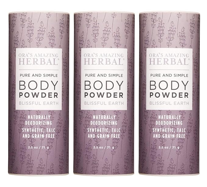 Ora's Amazing Herbal Natural Body Powder, 2.5 ounces Pack of 3, Dusting Powder No Talc, Corn, Grain or Gluten Blissful Earth Scent (Essential Oil Only No Synthetic Fragrance) non GMO Made In The USA