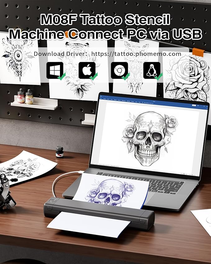 Phomemo Wireless Tattoo Stencil Printer, with Storage Case & 10 Pcs Tattoo Transfer Paper, Bluetooth Transfer Printer for Artists, Beginners, Compatible with Phone & PC