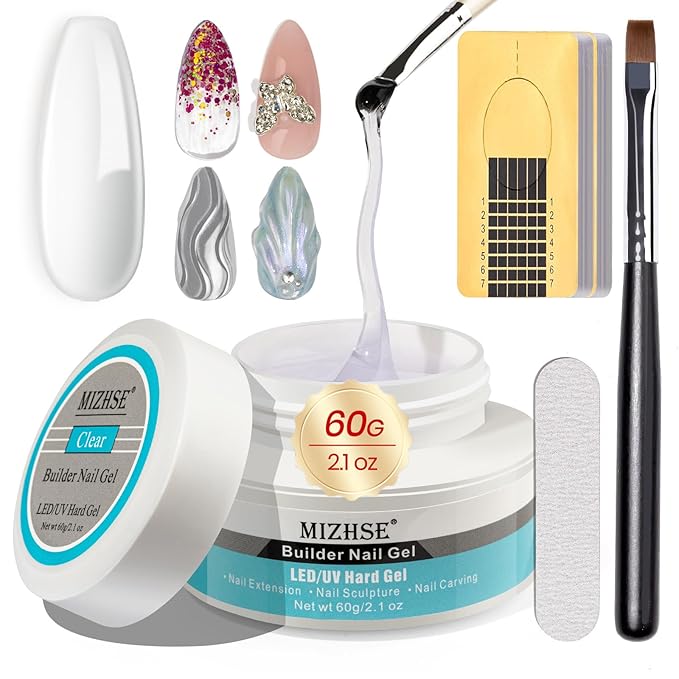 MIZHSE Builder Gel For Nails - 60g Clear Hard Gels Builder Nail Gels For Extension Gel Nails Strengthen Nail Art Manicure Kit With 100pcs Dual Forms And Brush