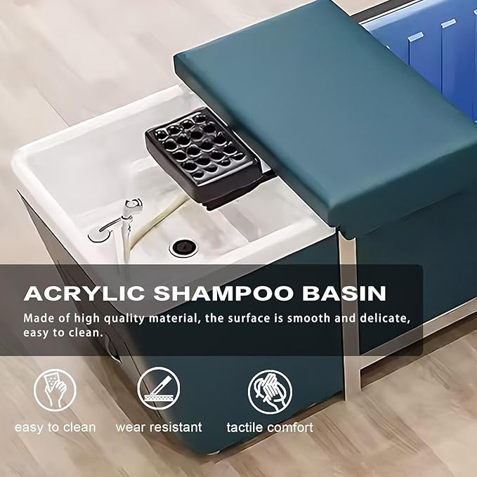 HHEvergreenEnsem Massage Shampoo Bed with Sink & Head Spa Equipment, No Plumbing Head SPA Bed Includes 24 gal Large Water Tank, Storage Space (with Stool, Blue)