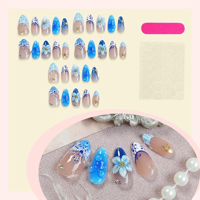 30Pcs Blue Flower Press on Nails Medium Almond Fake Nails with Shiny Rhinestones Design French Summer Beach False Nails Floral Shell Starfish Stick on Nails Full Cover Glue on Nail for Women