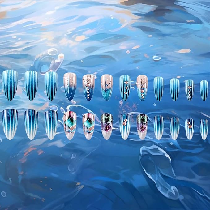 Summer Flower Press on Nails 24Pcs Glossy Blue Gradient Stick on Nail Green Leaves Gel Glue on Fingernails Acrylic Full Cover Fake Nails Rhinestones Medium Almond False Nail for Holiday Manicure Art