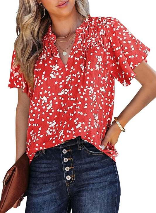 SHEWIN Women's Casual V Neck Floral Print Smocked Short Sleeve Chiffon Blouses Bohemian Top Shirts