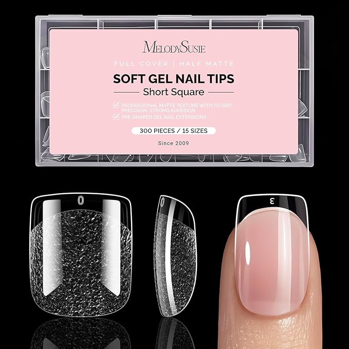 MelodySusie Short Square X Nail Tips - 300Pcs Clear Acrylic, Half Matte Full Cover Press on Nails for DIY Extension & Salon Use, 15 Sizes Pre-Shaped for Long-Lasting Manicure