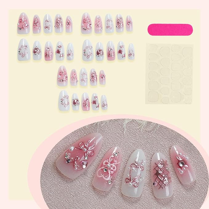 30Pcs Pink Press on Nails Medium Almond Fake Nails with Pink Rhinestones Heart Bow Design Shiny False Nails White Full Cover Acrylic Artificial Nails 3D Pearl Stick on Nail for Women Manicure