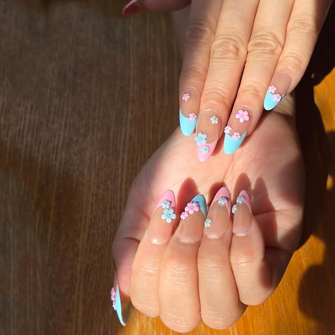 Pink Blue French Tip Press On Nails Flower Medium Almond-3D Floral Handmade Nude-Salon Gel Acrylic Full Set 10pcs Reusable(Floral Fantasy, Size M)