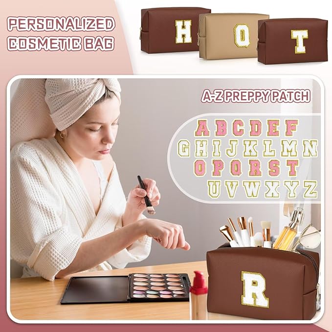 TOPEAST Monogrammed Gift for Women Girls, Personalized Initial Makeup Bags Cosmetic Bag with Zipper, Cute Makeup Pouch, PU Leather Waterproof Toiletry Bag, Preppy Gifts Stuff for Girl (Brown E)