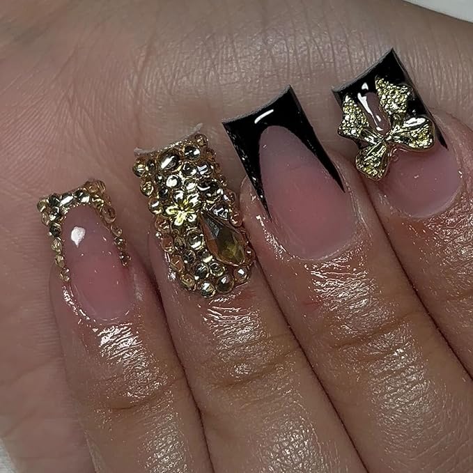 Medium Press on Nails Square Fake Nails with Bow Rhinestones Designs Black French Tip Nails Press ons Gold Glitter Acrylic Nails for Women 24Pcs